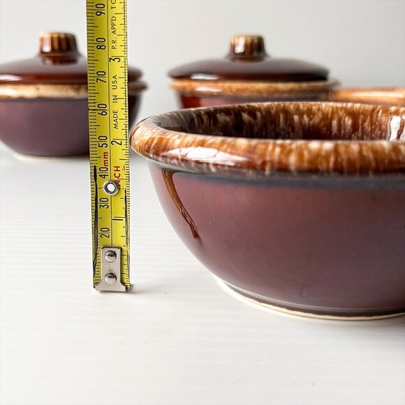 Vintage Hull Oven Proof USA Brown Drip Glaze Soup Bowls Crocks & Lids Set of 5 - Picture 5 of 5